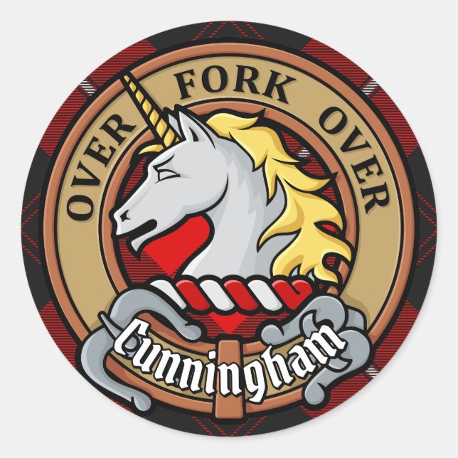 Clan Cunningham Crest over Tartan Classic Round Sticker (Front)