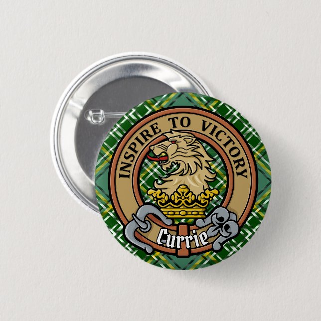 Clan Currie Lion Crest over Tartan 2 Inch Round Button (Front & Back)