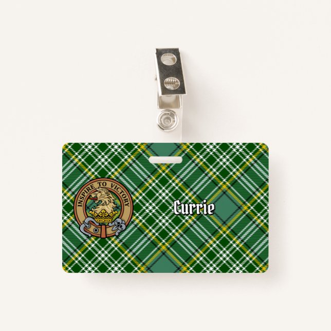 Clan Currie Lion Crest over Tartan Badge (Front with Clip)