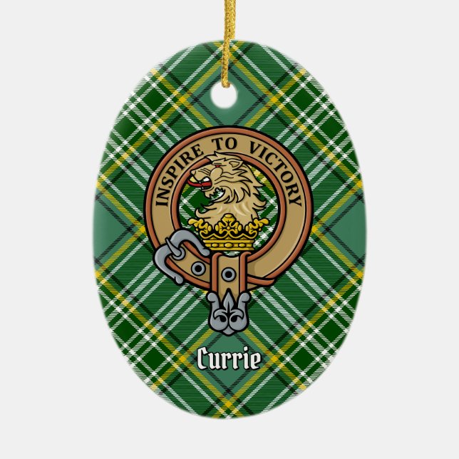 Clan Currie Lion Crest over Tartan Ceramic Ornament (Front)