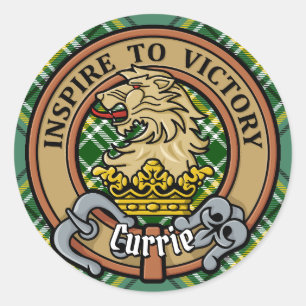 Clan Currie Lion Crest over Tartan Classic Round Sticker