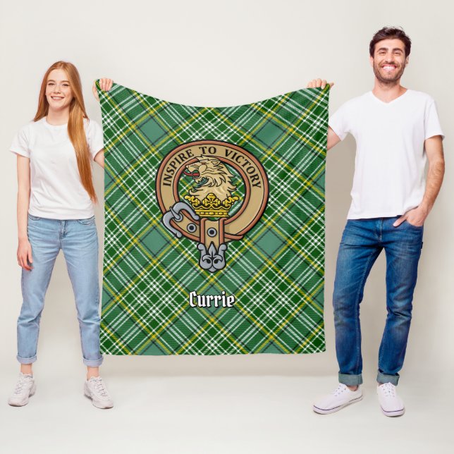 Clan Currie Lion Crest over Tartan Fleece Blanket (In Situ)