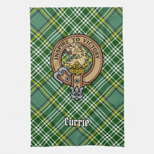 Clan Currie Lion Crest over Tartan Kitchen Towel (Vertical)