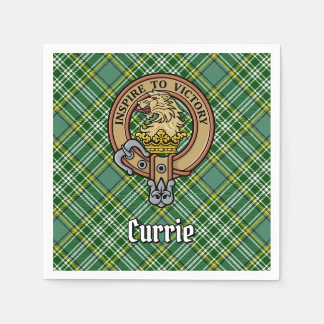 Clan Currie Lion Crest over Tartan Napkin (Front)