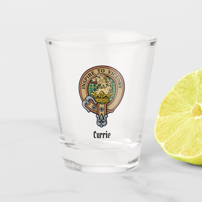 Clan Currie Lion Crest over Tartan Shot Glass (Front)