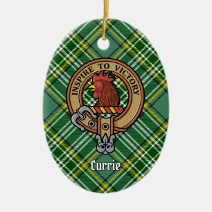 Clan Currie Rooster Crest over Tartan Ceramic Ornament