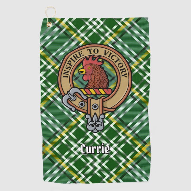 Clan Currie Rooster Crest over Tartan Golf Towel (Front)