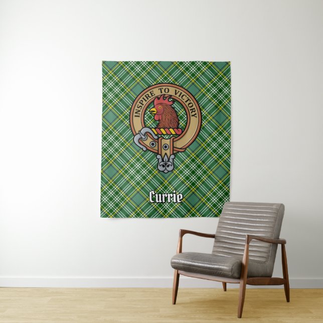 Clan Currie Rooster Crest over Tartan Tapestry (In Situ)