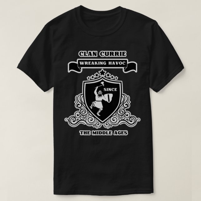 Clan Currie Scottish Kilt Sword Crest Highland  T-Shirt (Design Front)