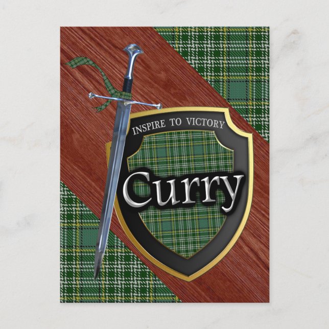 Clan Curry Currie Tartan Sword & Shield Postcard (Front)