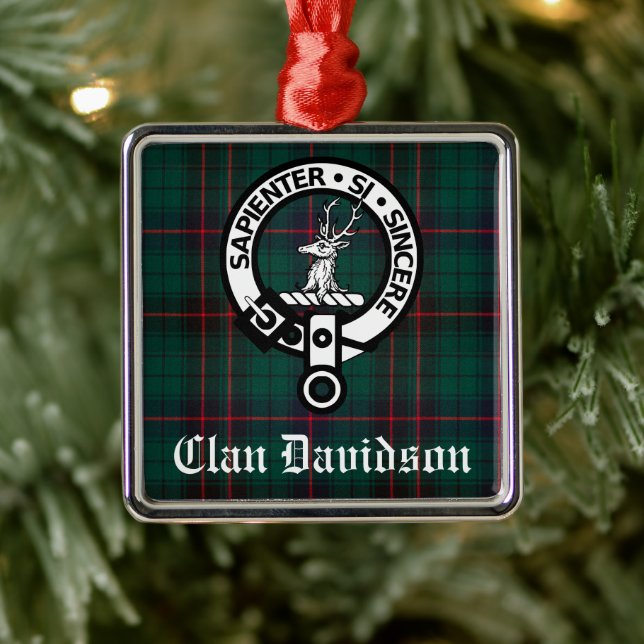 Clan Davidson Crest Badge and Tartan Customizable  Metal Ornament (Tree)