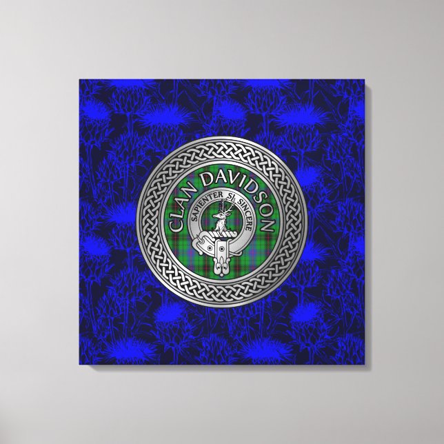 Clan Davidson Crest & Tartan Knot on Thistle Canvas Print (Front)