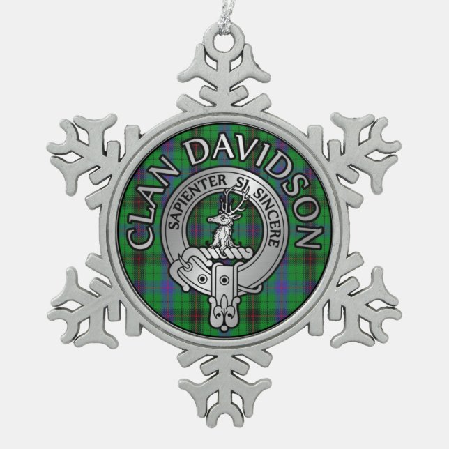 Clan Davidson Crest & Tartan Snowflake Pewter Christmas Ornament (Front)