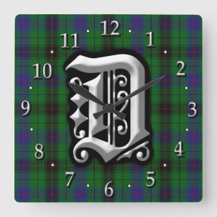 Clan Davidson Letter D Monogram Tartan Square Wall Clock