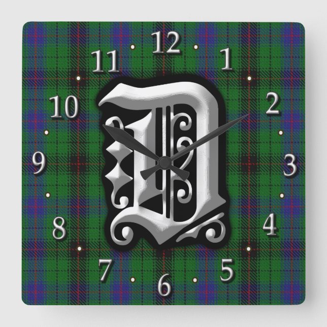 Clan Davidson Letter D Monogram Tartan Square Wall Clock (Front)