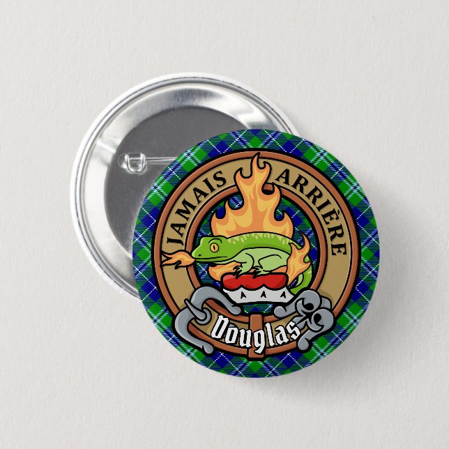 Clan Douglas Crest over Tartan 2 Inch Round Button (Front & Back)