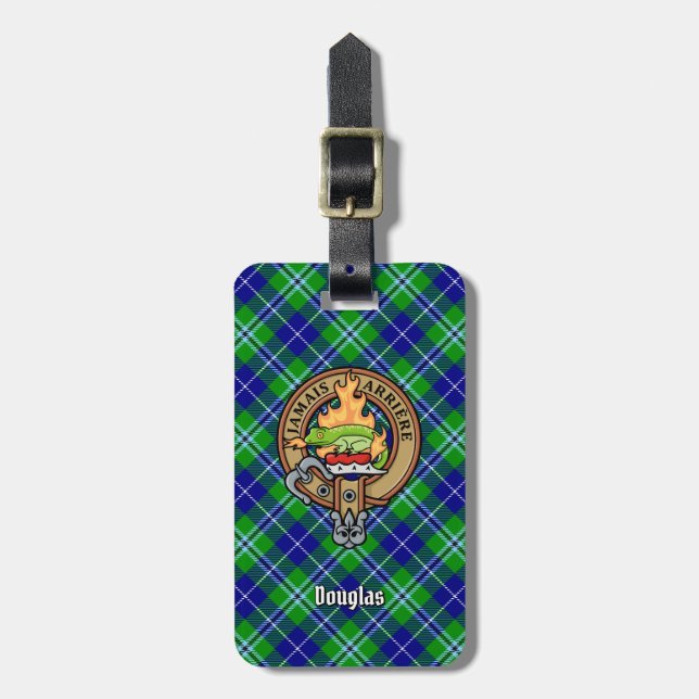 Clan Douglas Crest over Tartan Luggage Tag (Front Vertical)