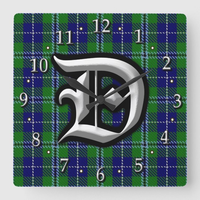 Clan Douglas Letter D Monogram Tartan Square Wall Clock (Front)