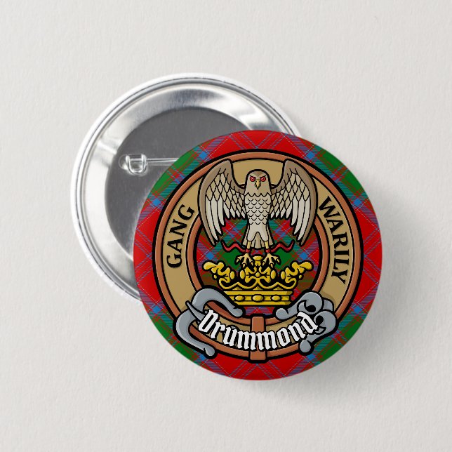Clan Drummond Crest over Tartan 2 Inch Round Button (Front & Back)