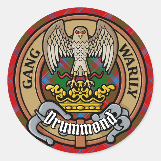 Clan Drummond Crest over Tartan Classic Round Sticker (Front)