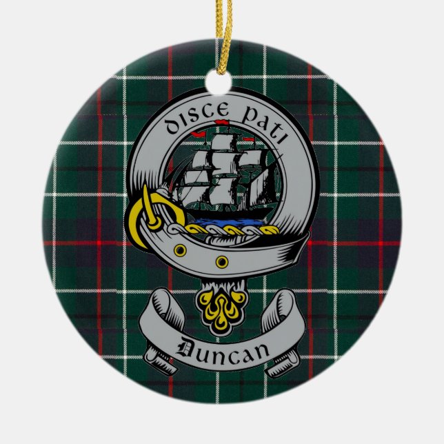 Clan Duncan Crest Badge & Tartan Customizable Ceramic Ornament (Front)