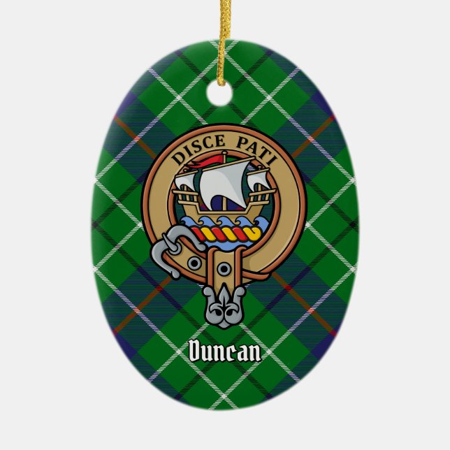 Clan Duncan Crest over Tartan Ceramic Ornament (Front)