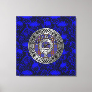 Clan Eliott Crest & Tartan Knot on Thistle Canvas Print