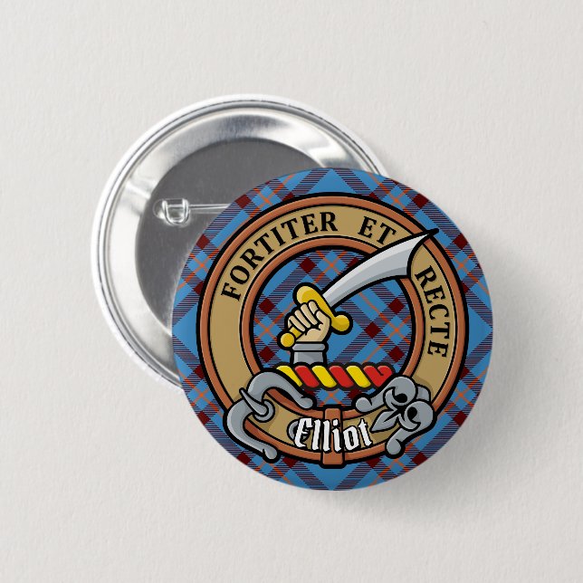 Clan Elliot Crest over Ancient Tartan 2 Inch Round Button (Front & Back)