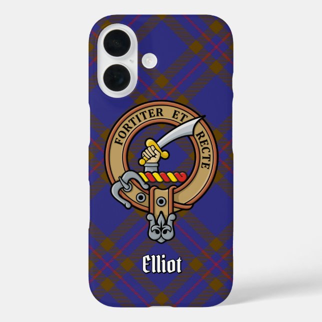 Clan Elliot Crest over Modern Tartan iPhone Case (Back)