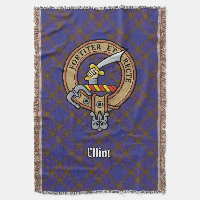 Clan Elliot Crest over Modern Tartan Throw Blanket (Front Vertical)