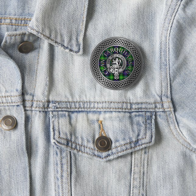 Clan Farquharson Crest & Tartan Knot 2 Inch Round Button (In Situ)
