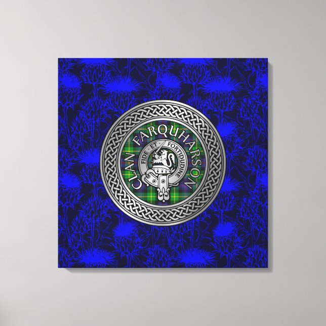 Clan Farquharson Crest & Tartan Knot on Thistle Canvas Print (Front)