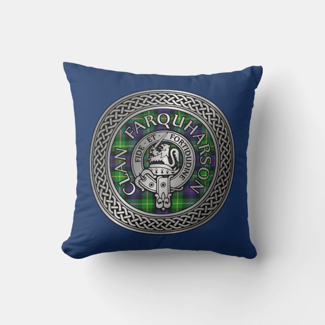 Clan Farquharson Crest & Tartan Knot Throw Pillow (Front)