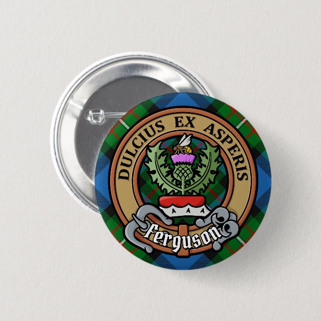 Clan Ferguson Crest over Tartan 2 Inch Round Button (Front & Back)