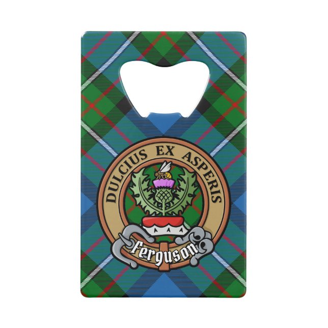 Clan Ferguson Crest over Tartan Credit Card Bottle Opener (Front)