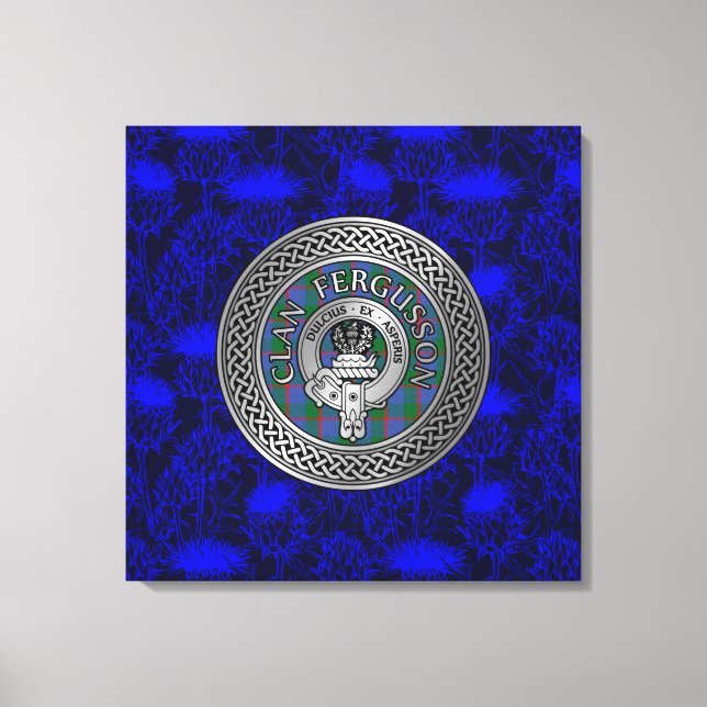 Clan Fergusson Crest & Tartan Knot on Thistle Canvas Print (Front)