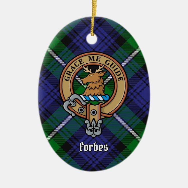 Clan Forbes Crest over Tartan Ceramic Ornament (Front)