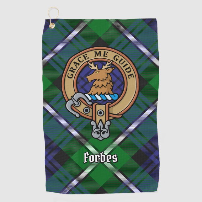 Clan Forbes Crest over Tartan Golf Towel (Front)