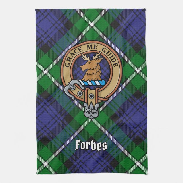 Clan Forbes Crest over Tartan Kitchen Towel (Vertical)