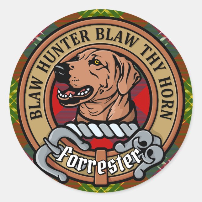 Clan Forrester Crest over Tartan Classic Round Sticker (Front)