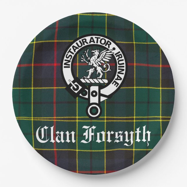 Clan Forsyth Crest Badge & Tartan Customizable Paper Plate (Front)