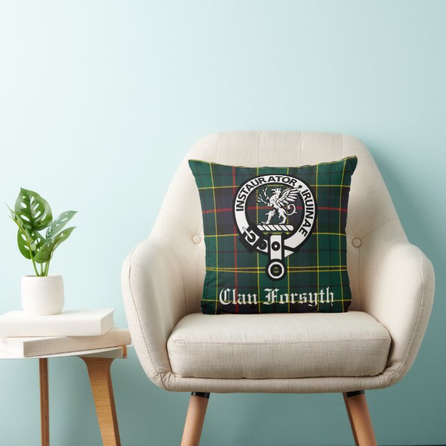 Clan Forsyth Crest Badge & Tartan Throw Pillow (Chair)