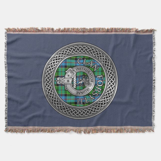 Clan Forsyth Crest & Tartan Knot Throw Blanket (Front)