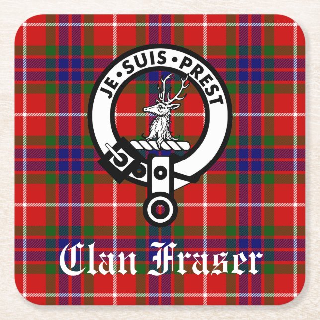 Clan Fraser Crest Badge and Tartan Square Paper Coaster (Front)