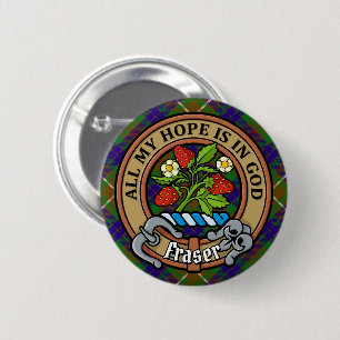 Clan Fraser Crest over Hunting Tartan 2 Inch Round Button
