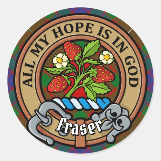 Clan Fraser Crest over Tartan Classic Round Sticker (Front)
