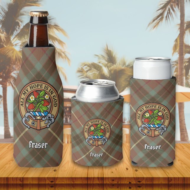 Clan Fraser Crest over Weathered Hunting Tartan Bottle Cooler (Creator Uploaded)