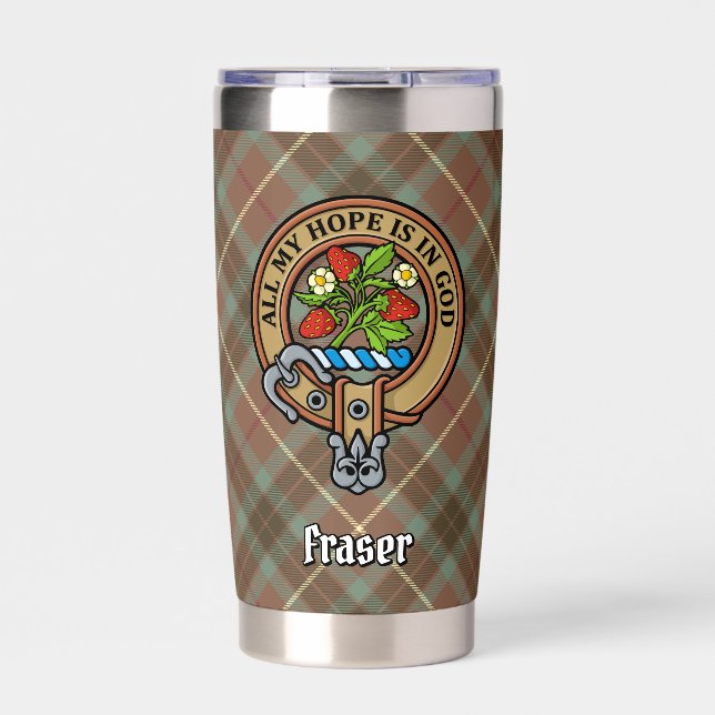 Clan Fraser Crest over Weathered Hunting Tartan Insulated Tumbler (Front)