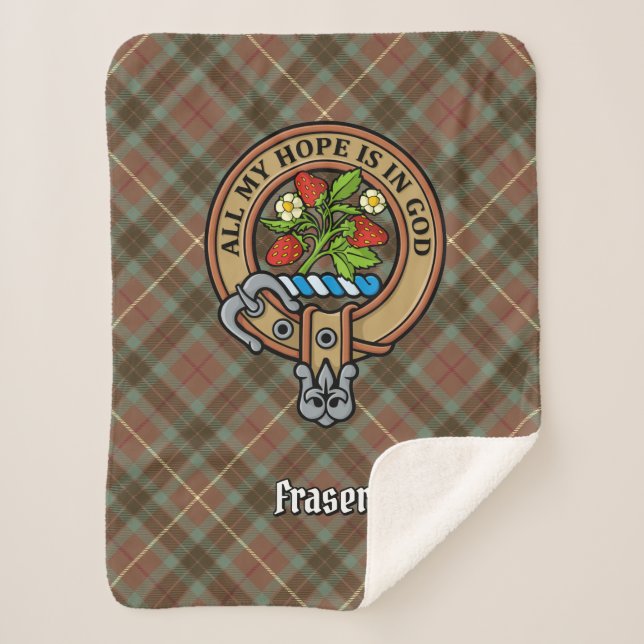 Clan Fraser Crest over Weathered Hunting Tartan Sherpa Blanket (Front)