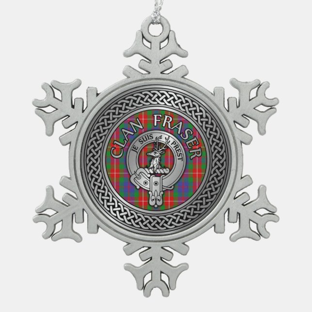 Clan Fraser Crest & Tartan Knot Snowflake Pewter Christmas Ornament (Front)